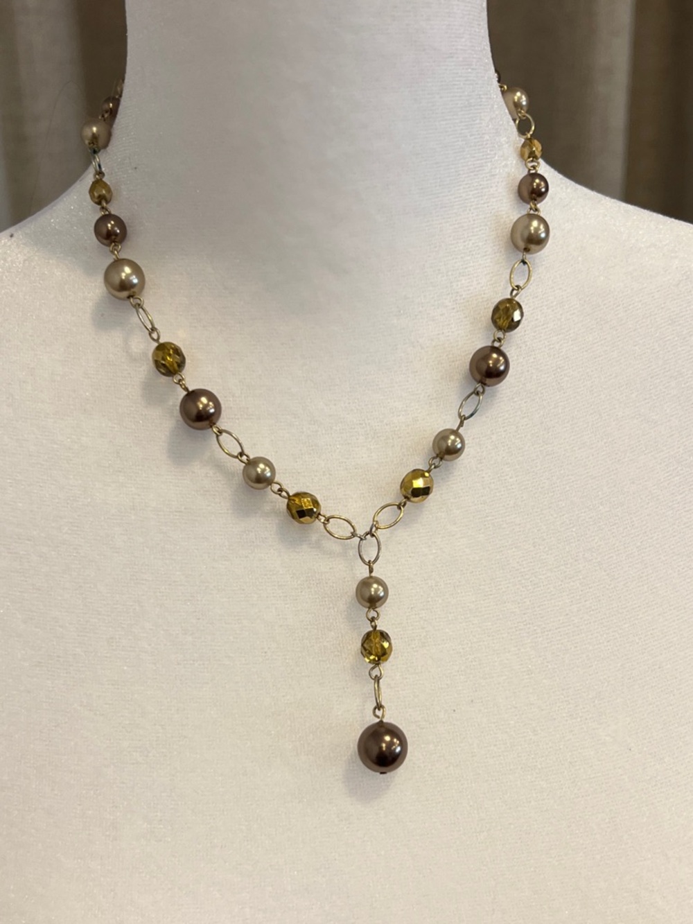 Elegant Gold and Brown Bead Y-Necklace